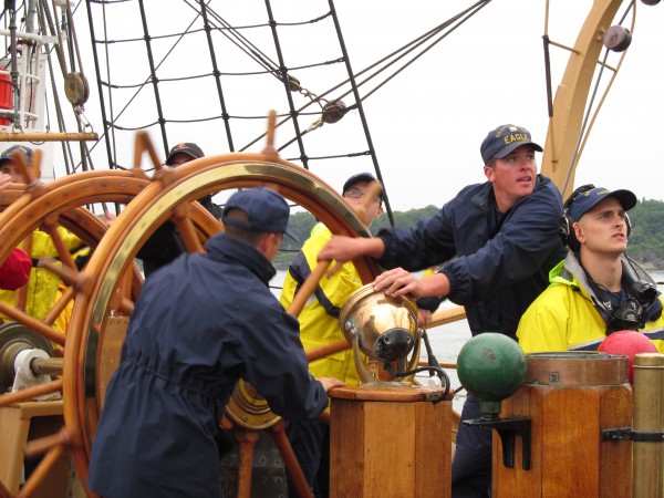 U.S. Coast Guard officers and trainees help steer the Barque Eagle in to the port of Portland on Friday morning, July 27, 2012. U.S. Coast Guard officers and trainees help steer the Barque Eagle in to the port of Portland on Friday morning, July 27, 2012.