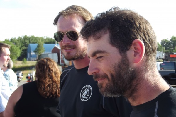Former Marine Corps Capts. Mark Silvers (left) and Sean Gobin (right)speak with veterans on Tuesday, July 31, 2012 before the start of a fundraising dinner and ceremony commemorating Silvers' and Gobin's 2,180-mile Appalachian Trail trek. The men have raised more than $30,000 during their hike to help wounded veterans purchase adaptive vehicles. Former Marine Corps Capts. Mark Silvers (left) and Sean Gobin (right)speak with veterans on Tuesday, July 31, 2012 before the start of a fundraising dinner and ceremony commemorating Silvers' and Gobin's 2,180-mile Appalachian Trail trek. The men have raised more than $30,000 during their hike to help wounded veterans purchase adaptive vehicles.