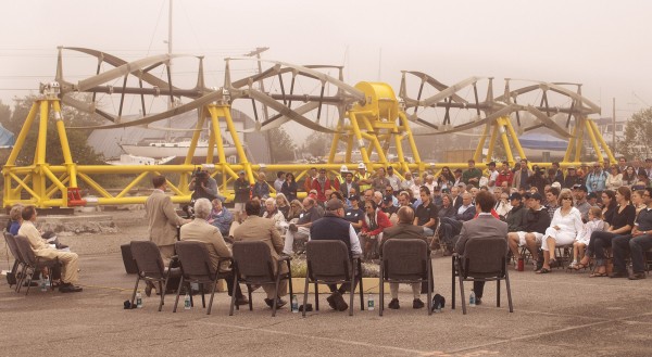 With the underwater turbine in the background, U.S. Department of Energy's Deputy Assistant Secretary for Renewable Energy Steven Chalk addresses the attendees of the Cobscook Bay Tidal Energy Dedication Ceremony in Eastport on Tuesday, July 24, 2012. With the underwater turbine in the background, U.S. Department of Energy's Deputy Assistant Secretary for Renewable Energy Steven Chalk addresses the attendees of the Cobscook Bay Tidal Energy Dedication Ceremony in Eastport on Tuesday, July 24, 2012.