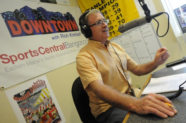 In the studio at Blueberry Communications in Bangor, Rich Kimball, host of Downtown with Rich Kimball, delivers his afternoon radio sports broadcast with producer reporter Brian Stackpole Wednesday afternoon, July 25, 2012. In the studio at Blueberry Communications in Bangor, Rich Kimball, host of Downtown with Rich Kimball, delivers his afternoon radio sports broadcast with producer reporter Brian Stackpole Wednesday afternoon, July 25, 2012.