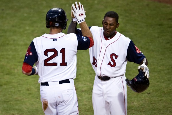 Carolina League All-Star's Travis Shaw (21), from the Salem Red Sox, and Jackie Bradley (16), also from the Salem Red Sox, celebrate Shaw's home run against the California League All-Stars in the bottom of the fifth inning of their minor league all-star baseball game, Tuesday, June 19, 2012, at BB&T Stadium in Winston-Salem, N.C. Carolina League All-Star's Travis Shaw (21), from the Salem Red Sox, and Jackie Bradley (16), also from the Salem Red Sox, celebrate Shaw's home run against the California League All-Stars in the bottom of the fifth inning of their minor league all-star baseball game, Tuesday, June 19, 2012, at BB&T Stadium in Winston-Salem, N.C.