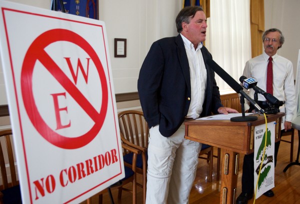 Jonathan Carter, director of the Forest Ecology Network (left) and Jym St. Pierre, executive director of Restore the Maine Woods, speak out against a proposed east-west highway corridor at a press conference in Portland on Monday. Jonathan Carter, director of the Forest Ecology Network (left) and Jym St. Pierre, executive director of Restore the Maine Woods, speak out against a proposed east-west highway corridor at a press conference in Portland on Monday.