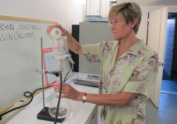 Dr. Susan Shaw, CEO and President of Marine Environmental Research Institute, demonstrates the procedure for processing microplastic samples at the institute's Blue Hill laboratory on July 12, 2012. Dr. Susan Shaw, CEO and President of Marine Environmental Research Institute, demonstrates the procedure for processing microplastic samples at the institute's Blue Hill laboratory on July 12, 2012.