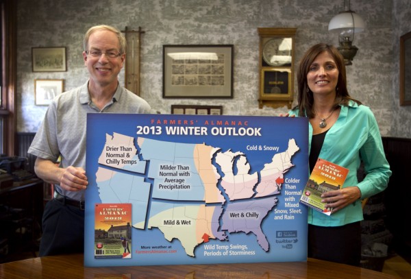Farmers' Almanac publisher Peter Geiger (left) and editor Sondra Duncan pose in Lewiston on Thursday, Aug. 23, 2012, with a map showing the predicted weather forecast for the United States. In an election year, the almanac dubs its forecast "a nation divided" because there's a dividing line where winter returns for much of the east, with milder weather west of the Great Lakes. Farmers' Almanac publisher Peter Geiger (left) and editor Sondra Duncan pose in Lewiston on Thursday, Aug. 23, 2012, with a map showing the predicted weather forecast for the United States. In an election year, the almanac dubs its forecast "a nation divided" because there's a dividing line where winter returns for much of the east, with milder weather west of the Great Lakes.