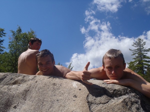 Stephen Hand, Andrew Holt and Dustin Ramsay, three participants of this year's Maine Youth Wilderness Leadership Program, relax after a swim at Grand Falls, one of the highlights of their nine-day trek through Baxter State Park in August. Stephen Hand, Andrew Holt and Dustin Ramsay, three participants of this year's Maine Youth Wilderness Leadership Program, relax after a swim at Grand Falls, one of the highlights of their nine-day trek through Baxter State Park in August.