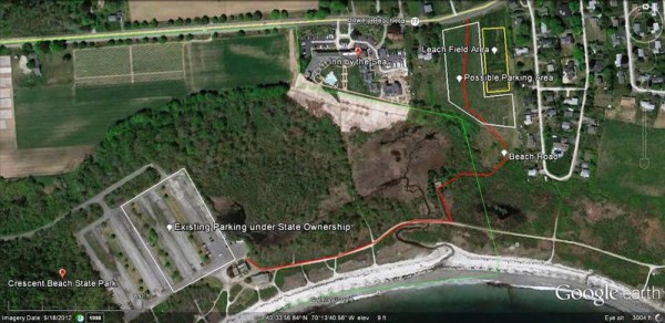 The State Department of Conservation's latest plans on a new parking lot and access road for a smaller Crescent Beach State Park if negotiations to lease the Sprague Corp. property fail before the lease expires in April. The State Department of Conservation's latest plans on a new parking lot and access road for a smaller Crescent Beach State Park if negotiations to lease the Sprague Corp. property fail before the lease expires in April.