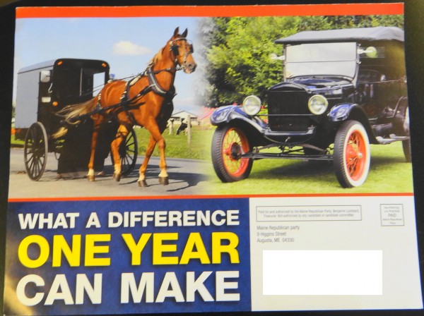 The front of a flyer sent by the Maine Republican Party to residents of the Belfast-area state House district. The front of a flyer sent by the Maine Republican Party to residents of the Belfast-area state House district.