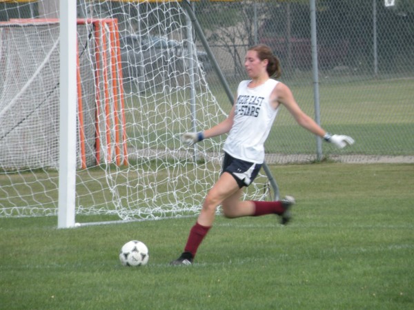 Cordelia Stewart, a goalkeeper for the defending Class A state champion Bangor High School girls soccer team, puts a ball back into play during the opening day of practice at the Union Street Complex on Monday, Aug. 13, 2012. Cordelia Stewart, a goalkeeper for the defending Class A state champion Bangor High School girls soccer team, puts a ball back into play during the opening day of practice at the Union Street Complex on Monday, Aug. 13, 2012.