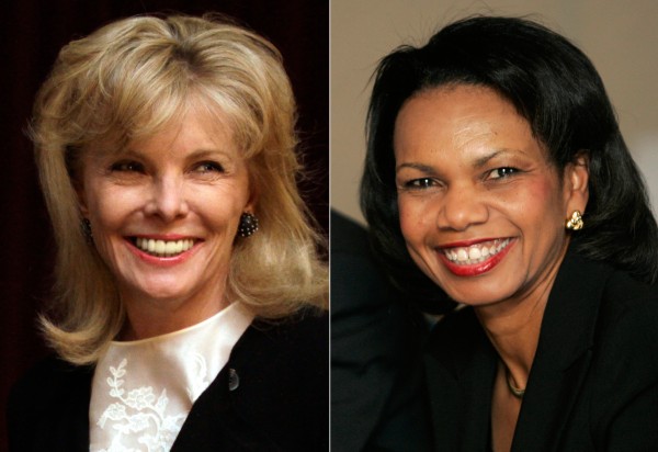 At left, in a March 24, 2011 file photo, Darla Moore speaks to students at the University of South Carolina in Columbia, S.C. At right, in a Jan. 24, 2008 file photo, U.S. Secretary of State Condoleeza Rice smiles during a meeting with trade union leaders in Medellin, Colombia. For the first time in it's 80-year history, Augusta National Golf Club has female members. The home of the Masters, under increasing criticism the last decade because of its all-male membership, invited former Secretary of State Rice and South Carolina financier Moore to become the first women in green jackets when the club opens for a new season in October. At left, in a March 24, 2011 file photo, Darla Moore speaks to students at the University of South Carolina in Columbia, S.C. At right, in a Jan. 24, 2008 file photo, U.S. Secretary of State Condoleeza Rice smiles during a meeting with trade union leaders in Medellin, Colombia. For the first time in it's 80-year history, Augusta National Golf Club has female members. The home of the Masters, under increasing criticism the last decade because of its all-male membership, invited former Secretary of State Rice and South Carolina financier Moore to become the first women in green jackets when the club opens for a new season in October.