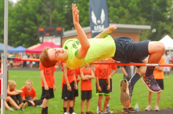 Steven Minns of Wilton clears the high jump bar at 4 feet, 8 inches in the Intermediate class at the youth state track and field championships held at Brewer Community School, Sunday, Aug. 12 2012. Steven Minns of Wilton clears the high jump bar at 4 feet, 8 inches in the Intermediate class at the youth state track and field championships held at Brewer Community School, Sunday, Aug. 12 2012.