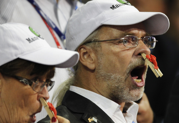 Delegates from the state of Maine protest during the presentation of rules during the Republican National Convention in Tampa, Fla., on Tuesday, Aug. 28, 2012. Delegates from the state of Maine protest during the presentation of rules during the Republican National Convention in Tampa, Fla., on Tuesday, Aug. 28, 2012.