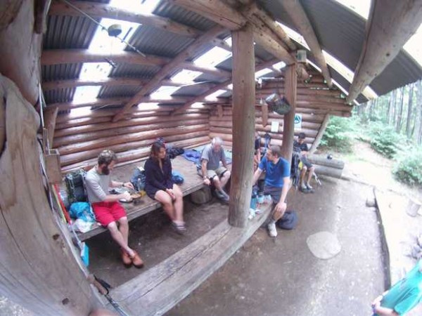Appalachian Trail thru-hikers stop for the day and share stories at the Maine Appalachian Trail Club's Piazza Rock shelter and campsite in Sandy River Plantation. Appalachian Trail thru-hikers stop for the day and share stories at the Maine Appalachian Trail Club's Piazza Rock shelter and campsite in Sandy River Plantation.