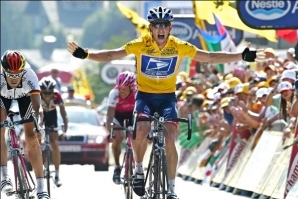 Lance Armstrong reacts as he crosses the finish line to win the 17th stage of the Tour de France cycling race between Bourg-d’Oisans and Le Grand Bornand in the French Alps. As a result of new formal charges, Armstrong has been immediately banned from competition in triathlons, a sport he took up after his retirement from cycling in 2011.
Lance Armstrong reacts as he crosses the finish line to win the 17th stage of the Tour de France cycling race between Bourg-d’Oisans and Le Grand Bornand in the French Alps. As a result of new formal charges, Armstrong has been immediately banned from competition in triathlons, a sport he took up after his retirement from cycling in 2011.