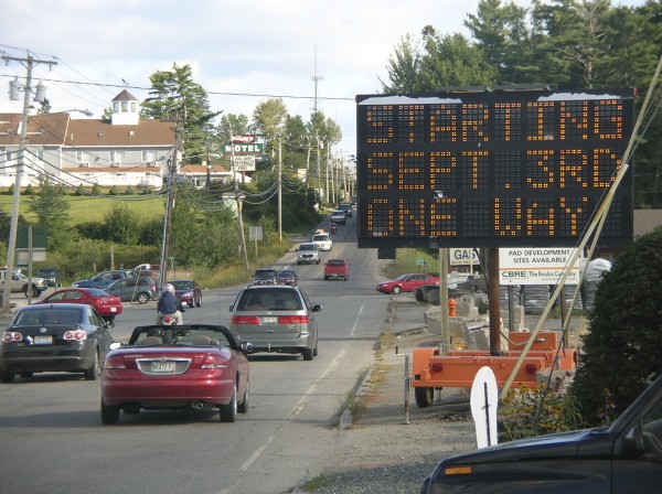 Signs alert motorists to changes to the travel patterns at the intesection of routes 1 and 3 in Ellsworth, which took effect in 2008. Signs alert motorists to changes to the travel patterns at the intesection of routes 1 and 3 in Ellsworth, which took effect in 2008.