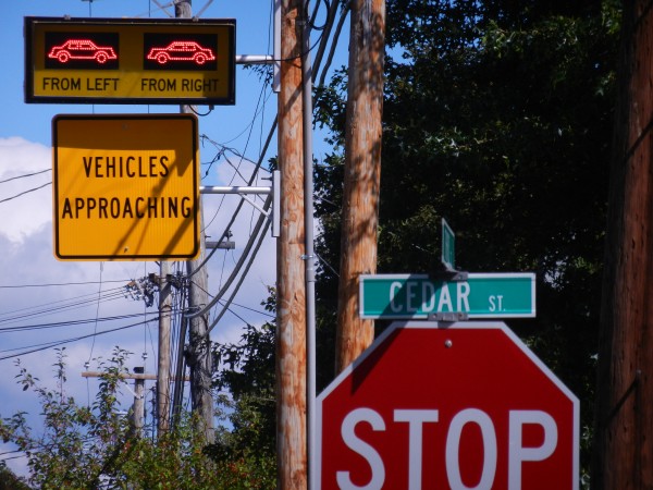 The intersection of Third and Cedar streets in Bangor has one of the highest rates of crashes, although usually minor, in the state, according to Maine Department of Transportation and Bangor city officials. A new $25,000 radar-activated warning system was installed last week to warn motorists of approaching traffic. The intersection of Third and Cedar streets in Bangor has one of the highest rates of crashes, although usually minor, in the state, according to Maine Department of Transportation and Bangor city officials. A new $25,000 radar-activated warning system was installed last week to warn motorists of approaching traffic.