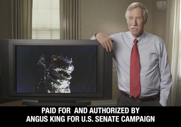This still frame from a campaign video advertisement released by the Angus King for Senate campaign, shows King in Maine, with an image of Godzilla on a monitor. King, an independent and former governor, says his opponents are trying to portray him as a monster in the race for the November general election. This still frame from a campaign video advertisement released by the Angus King for Senate campaign, shows King in Maine, with an image of Godzilla on a monitor. King, an independent and former governor, says his opponents are trying to portray him as a monster in the race for the November general election.