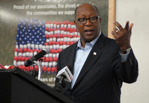Ambassador Ron Kirk, U.S. Trade Representative, talks to the press and employees of the New Balance manufacturing plant in Norridgewock after taking a tour of the facility on Thursday. Ambassador Ron Kirk, U.S. Trade Representative, talks to the press and employees of the New Balance manufacturing plant in Norridgewock after taking a tour of the facility on Thursday.