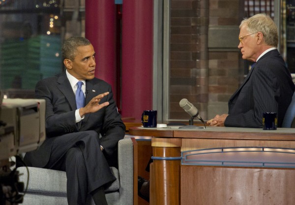 U.S. President Barack Obama, left, speaks with host David Letterman on the set of the Late Show with David Letterman, Tuesday, Sept. 18. U.S. President Barack Obama, left, speaks with host David Letterman on the set of the Late Show with David Letterman, Tuesday, Sept. 18.