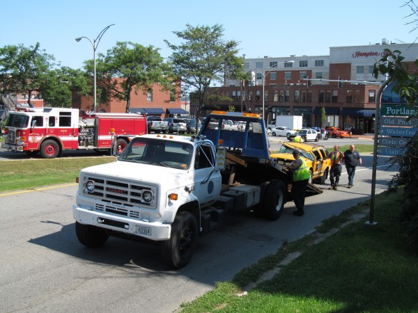 A Portland city utility vehicle was totaled Wednesday afternoon, Sept. 12, 2012, when a taxi crashed into it on Franklin Arterial. A Portland city utility vehicle was totaled Wednesday afternoon, Sept. 12, 2012, when a taxi crashed into it on Franklin Arterial.