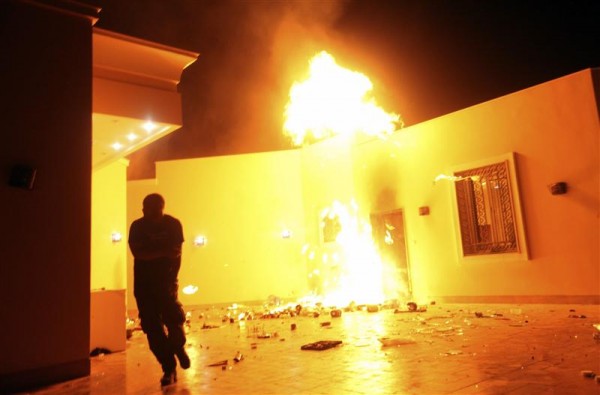 he U.S. Consulate in Benghazi is seen in flames during a protest by an armed group said to have been protesting a film being produced in the United States September 11, 2012. An American staff member of the U.S. consulate in the eastern Libyan city of Benghazi has died following fierce clashes at the compound, Libyan security sources said on Wednesday. he U.S. Consulate in Benghazi is seen in flames during a protest by an armed group said to have been protesting a film being produced in the United States September 11, 2012. An American staff member of the U.S. consulate in the eastern Libyan city of Benghazi has died following fierce clashes at the compound, Libyan security sources said on Wednesday.
