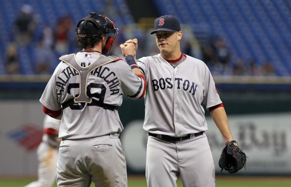 Boston Red Sox relief pitcher Andrew Bailey (40) and catcher Jarrod Saltalamacchia (39) congratulate each other after they beat the Tampa Bay Rays Tuesday night, Sept. 18, 2012, at Tropicana Field. Boston won 7-5. Boston Red Sox relief pitcher Andrew Bailey (40) and catcher Jarrod Saltalamacchia (39) congratulate each other after they beat the Tampa Bay Rays Tuesday night, Sept. 18, 2012, at Tropicana Field. Boston won 7-5.