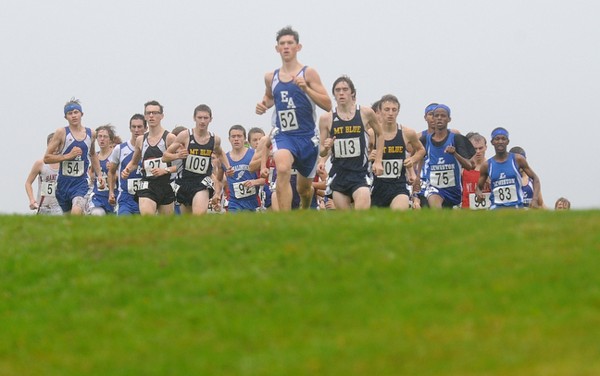 Runners crest a small rise just after at the start of the Eastern Maine Boys' Class A Cross Country Championship in Belfast on Saturday, Oct. 20, 2012. Runners crest a small rise just after at the start of the Eastern Maine Boys' Class A Cross Country Championship in Belfast on Saturday, Oct. 20, 2012.