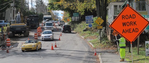 Drivers on Monday, Oct. 22, make their way slowly down Bridge Hill in Ellsworth, one of several sites of recent and ongoing roadwork on main roads leading into and out of downtown. Drivers on Monday, Oct. 22, make their way slowly down Bridge Hill in Ellsworth, one of several sites of recent and ongoing roadwork on main roads leading into and out of downtown.