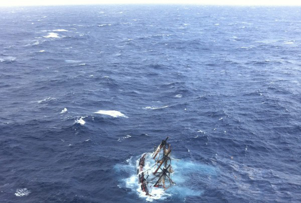 The HMS Bounty, a 180-foot sailboat, is shown submerged in the Atlantic Ocean during Hurricane Sandy approximately 90 miles southeast of Hatteras, North Carolina, in this U.S. Coast Guard handout picture taken October 29, 2012. The HMS Bounty, a 180-foot sailboat, is shown submerged in the Atlantic Ocean during Hurricane Sandy approximately 90 miles southeast of Hatteras, North Carolina, in this U.S. Coast Guard handout picture taken October 29, 2012.