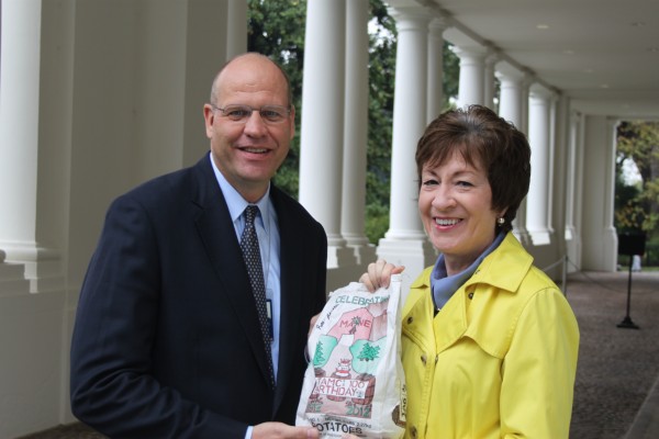 U.S. Sen. Susan Collins (right) presented the first potatoes harvested from The Aroostook Medical Centers Centennial Potato Plot in Presque Isle to the White House on on Tuesday, Oct. 2, 2012. Collins, a native of Caribou, presented the potatoes to Ed Pagano (left), deputy assistant to the president, outside the East Wing at the White House. U.S. Sen. Susan Collins (right) presented the first potatoes harvested from The Aroostook Medical Centers Centennial Potato Plot in Presque Isle to the White House on on Tuesday, Oct. 2, 2012. Collins, a native of Caribou, presented the potatoes to Ed Pagano (left), deputy assistant to the president, outside the East Wing at the White House.