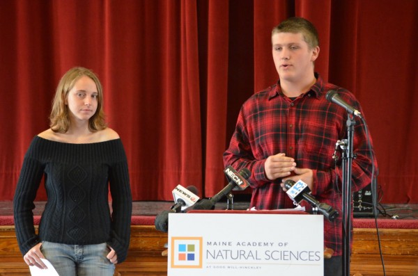 Nicholas Fothergill (right), a junior from Wiscasset, talks to a crowd at the Maine Academy of Natural Sciences at Good Will-Hinckley in Hinckley on Monday, Oct. 1, 2012. Fellow student, Olivia Broadrick, a senior from York, awaits her turn to speak. Nicholas Fothergill (right), a junior from Wiscasset, talks to a crowd at the Maine Academy of Natural Sciences at Good Will-Hinckley in Hinckley on Monday, Oct. 1, 2012. Fellow student, Olivia Broadrick, a senior from York, awaits her turn to speak.