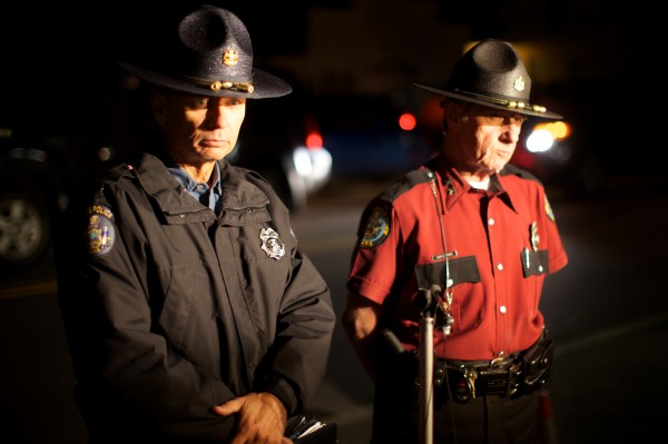 State Police Lt. Louis Nyitray (left) and State Fire Marshall Joe Thomas brief reporters outside the Goodwin's Mills Fire Department Tuesday night Oct. 16, 2012 about the capture of shooting suspect Donald Henson. State Police Lt. Louis Nyitray (left) and State Fire Marshall Joe Thomas brief reporters outside the Goodwin's Mills Fire Department Tuesday night Oct. 16, 2012 about the capture of shooting suspect Donald Henson.