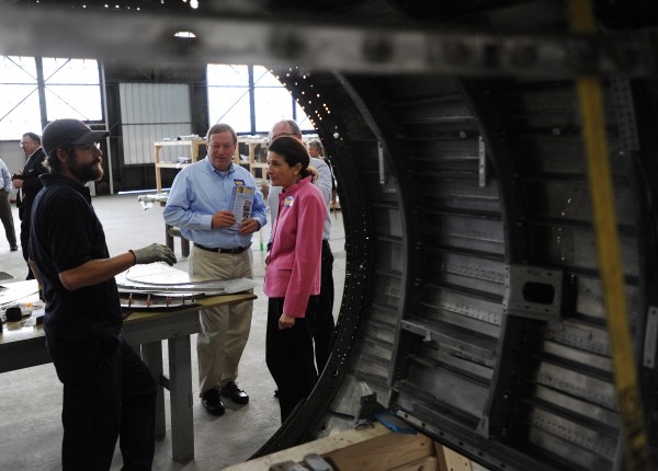 Maine Aero Services aviation technician Ben Doughty (left) explains his job to U.S. Sen. Olympia Snowe (right) and Maine Senate President Kevin Raye (center) on Monday, Oct. 22, 2012 at the Bangor International Airport. Snowe joined Raye on Monday as he campaigned for Mike Michaud's U.S. Congressional seat. Maine Aero Services aviation technician Ben Doughty (left) explains his job to U.S. Sen. Olympia Snowe (right) and Maine Senate President Kevin Raye (center) on Monday, Oct. 22, 2012 at the Bangor International Airport. Snowe joined Raye on Monday as he campaigned for Mike Michaud's U.S. Congressional seat.