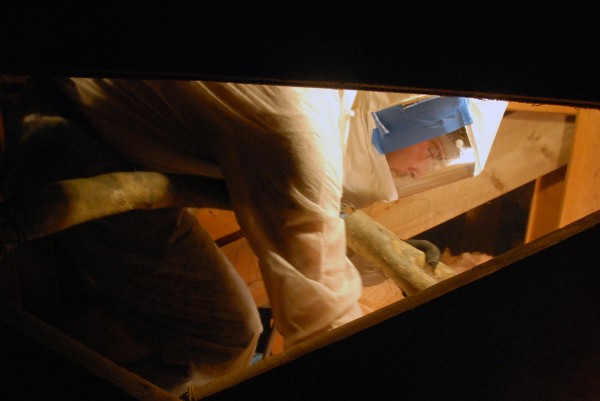 Lucas Drinkwater of Pinetree Foam LLC of Dover-Foxcroft sprays insulation into the rafters at the Lincoln Memorial Library on Wednesday, Oct. 24, 2012. The town is paying $15,000 to insulate the library. Lucas Drinkwater of Pinetree Foam LLC of Dover-Foxcroft sprays insulation into the rafters at the Lincoln Memorial Library on Wednesday, Oct. 24, 2012. The town is paying $15,000 to insulate the library.