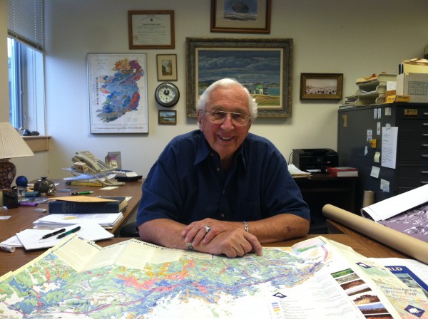 Geologist Harold Borns in his office at the University of Maine. In front of him on his desk sits one of his proudest accomplishments: Maine's Ice Age Trail, Downeast ecotourism trail map. Geologist Harold Borns in his office at the University of Maine. In front of him on his desk sits one of his proudest accomplishments: Maine's Ice Age Trail, Downeast ecotourism trail map.