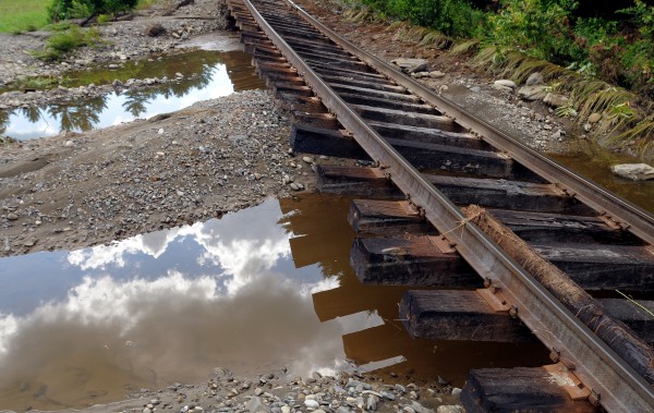 The flood washed away the gravel from several sections of the railroad tracks in Brownville. A storm dropped about eight inches of rain, causing extensive flooding and washouts in the area. The flood washed away the gravel from several sections of the railroad tracks in Brownville. A storm dropped about eight inches of rain, causing extensive flooding and washouts in the area.