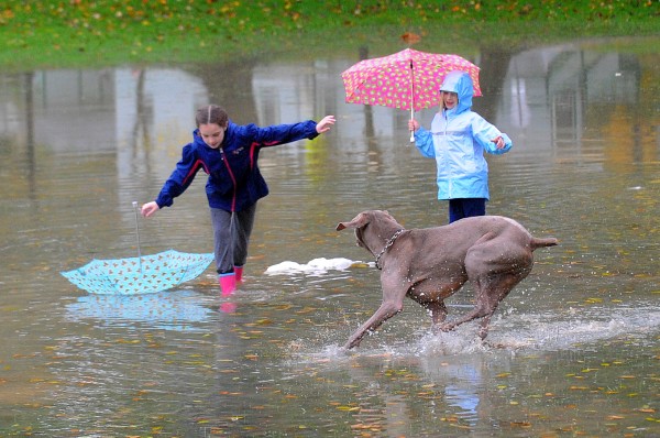 Anna MacDonald, 9, (left) and her sister Abby, 7, play in the floodwater with their dog Colby after the heavy rain flooded part of Broadway Park in Bangor Saturday. Their parents, Linda and Chris MacDonald, said that they saw the water in the park and decided to go for a walk. Anna MacDonald, 9, (left) and her sister Abby, 7, play in the floodwater with their dog Colby after the heavy rain flooded part of Broadway Park in Bangor Saturday. Their parents, Linda and Chris MacDonald, said that they saw the water in the park and decided to go for a walk.