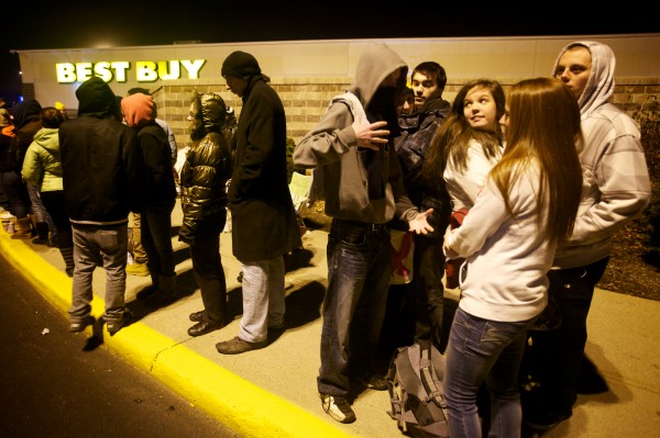 Hundreds of Black Friday shoppers queue up outside the Maine Mall in South Portland on Thursday night Nov. 22, 2012 just before midnight for a chance to get into Best Buy. The Mall opened at midnight, but the inside entrance to Best Buy did not open until 3 a.m. Hundreds of Black Friday shoppers queue up outside the Maine Mall in South Portland on Thursday night Nov. 22, 2012 just before midnight for a chance to get into Best Buy. The Mall opened at midnight, but the inside entrance to Best Buy did not open until 3 a.m.