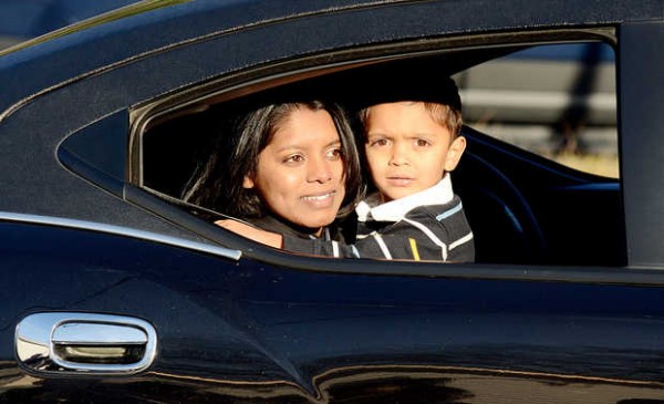 Sgt. Helaina Lake and her 2-year-old son, Aden, arrive at the Knights of Columbus Hall in Jay in the back of a limousine Tuesday. Sgt. Helaina Lake and her 2-year-old son, Aden, arrive at the Knights of Columbus Hall in Jay in the back of a limousine Tuesday.