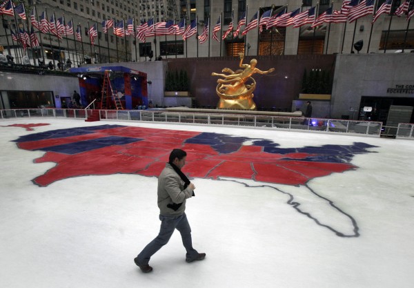The ice skating rink in New York's Rockefeller Center shows the results of Tuesday's presidential election, Wednesday, Nov. 7, 2012. The ice skating rink in New York's Rockefeller Center shows the results of Tuesday's presidential election, Wednesday, Nov. 7, 2012.