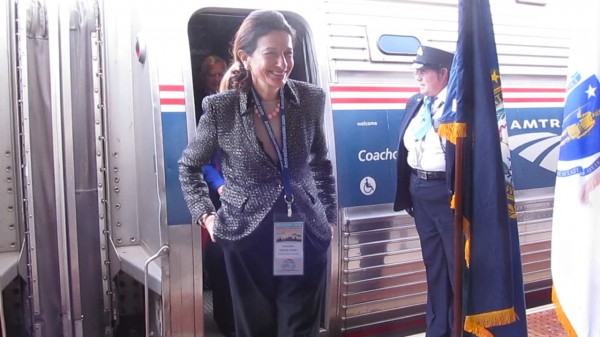Sen. Olympia Snowe, R-Maine, was one of the first people to depart the Amtrak Downeaster passenger train on Thursday, November 1, 2012, during its maiden voyage from Boston to Brunswick. Sen. Olympia Snowe, R-Maine, was one of the first people to depart the Amtrak Downeaster passenger train on Thursday, November 1, 2012, during its maiden voyage from Boston to Brunswick.
