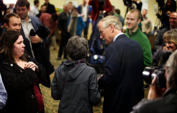 Senator-elect Angus King leaves the stage with his wife, Mary Herman, at the end of a press conference in Freeport on Wednesday Nov. 7, 2012. Senator-elect Angus King leaves the stage with his wife, Mary Herman, at the end of a press conference in Freeport on Wednesday Nov. 7, 2012.