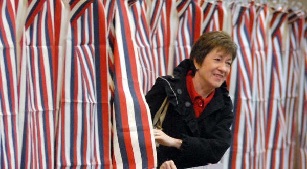 U.S. Sen. Susan Collins, R-Maine, steps out of a booth at the Bangor Civic Center where she voted on Tuesday morning. U.S. Sen. Susan Collins, R-Maine, steps out of a booth at the Bangor Civic Center where she voted on Tuesday morning.