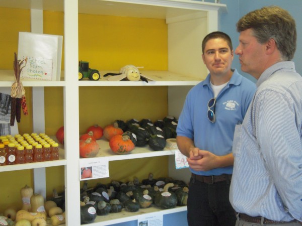 John Piotti, executive director of the Belfast-based Maine Farmland Trust (right), listens intently as Farm Manager John Hoffses describes the products offered in the MSAD 1 Farm Store in Presque Isle. John Piotti, executive director of the Belfast-based Maine Farmland Trust (right), listens intently as Farm Manager John Hoffses describes the products offered in the MSAD 1 Farm Store in Presque Isle.