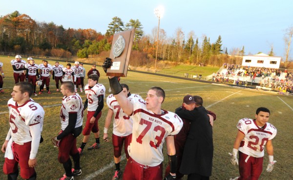 Acknowledging support from their fans, Orono High School's Jack Lucy holds up the team's second place plaque after losing to Bucksport High School in their Eastern Maine Class C LTC Championship game in Bucksport Saturday afternoon, Nov. 12, 2011. Acknowledging support from their fans, Orono High School's Jack Lucy holds up the team's second place plaque after losing to Bucksport High School in their Eastern Maine Class C LTC Championship game in Bucksport Saturday afternoon, Nov. 12, 2011.