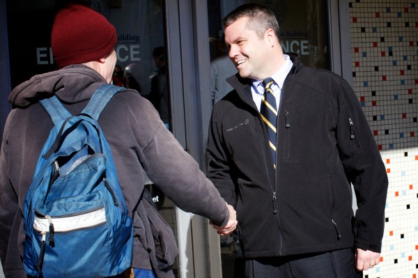 Republican candidate for Maine's 1st Congressional District, Jonathan Courtney, shakes hands outside the polling station at the Portland Expo just after noon on election day, Tuesday Nov. 6, 2012. Republican candidate for Maine's 1st Congressional District, Jonathan Courtney, shakes hands outside the polling station at the Portland Expo just after noon on election day, Tuesday Nov. 6, 2012.