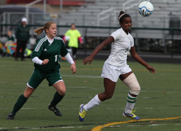 Fort Kent Warrior Jessica Morin, left, and Waynflete Flyer Rhiannan Jackson, right, head for the ball during the Maine Principals' Association Class C Girls Soccer State Championship Saturday, Nov. 3, at Scarborough High School in Scarborough, Maine Fort Kent Warrior Jessica Morin, left, and Waynflete Flyer Rhiannan Jackson, right, head for the ball during the Maine Principals' Association Class C Girls Soccer State Championship Saturday, Nov. 3, at Scarborough High School in Scarborough, Maine