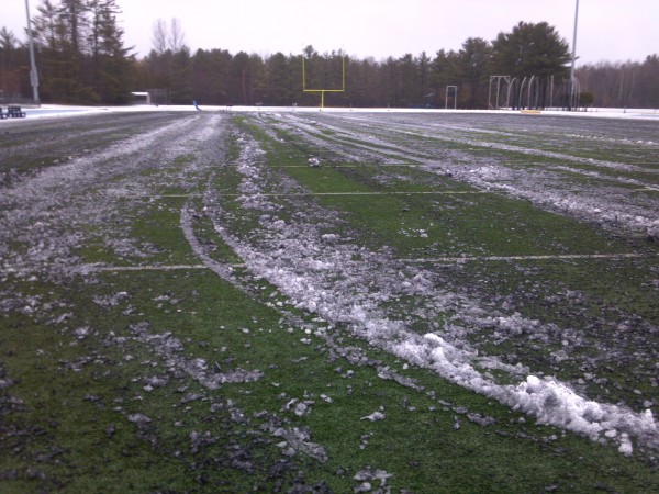 reaks of snow cover Morse Field at Alfond Stadium in Orono after workers cleared the football field before rain hit later Thursday. Maine hosts Georgia State at 2 p.m. Saturday. reaks of snow cover Morse Field at Alfond Stadium in Orono after workers cleared the football field before rain hit later Thursday. Maine hosts Georgia State at 2 p.m. Saturday.