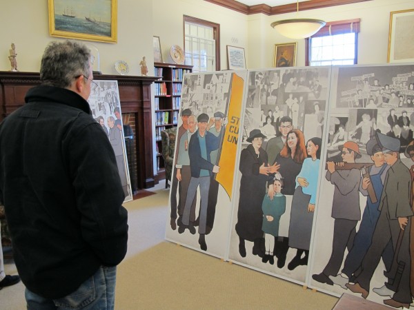 A full-scale replica of the controversial 11-panel labor mural ordered removed from the Maine Department of Labor by Gov. Paul LePage in March 2011 is on display at the Blue Hill Public Library, where it will remain through Dec. 14. A full-scale replica of the controversial 11-panel labor mural ordered removed from the Maine Department of Labor by Gov. Paul LePage in March 2011 is on display at the Blue Hill Public Library, where it will remain through Dec. 14.