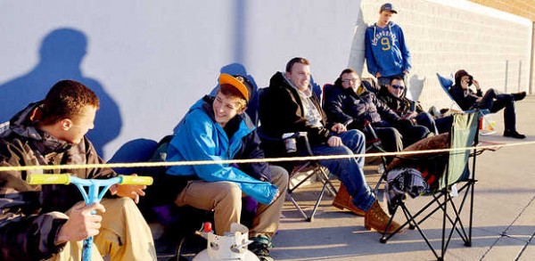 Lance Richard (from left), Trenton Virgin, Joseph Hutchins, Zane Garland, Erick Ryder, Jeffrey Rice and Mike Genereux wait in line at Best Buy in Auburn on Thursday, Nov. 22, 2012. Richard and Virgin, both of Rumford, got in line at 8:30 p.m. Wednesday to make sure they got what they are looking for, a 40-inch television for $179.99. Lance Richard (from left), Trenton Virgin, Joseph Hutchins, Zane Garland, Erick Ryder, Jeffrey Rice and Mike Genereux wait in line at Best Buy in Auburn on Thursday, Nov. 22, 2012. Richard and Virgin, both of Rumford, got in line at 8:30 p.m. Wednesday to make sure they got what they are looking for, a 40-inch television for $179.99.