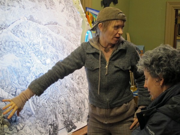 Kehben Grier, of Beehive Design Collective in Machias, explains the collective's newest portable mural, "Mesoamerica Resiste," to an audience at Machias Grange Hall on Friday, Dec. 7, 2012. Kehben Grier, of Beehive Design Collective in Machias, explains the collective's newest portable mural, "Mesoamerica Resiste," to an audience at Machias Grange Hall on Friday, Dec. 7, 2012.